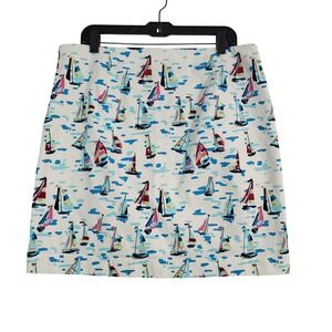 Talbots Sailboat Skirt Women's 14 White Blue Nautical Coastal Summer Beach Boats